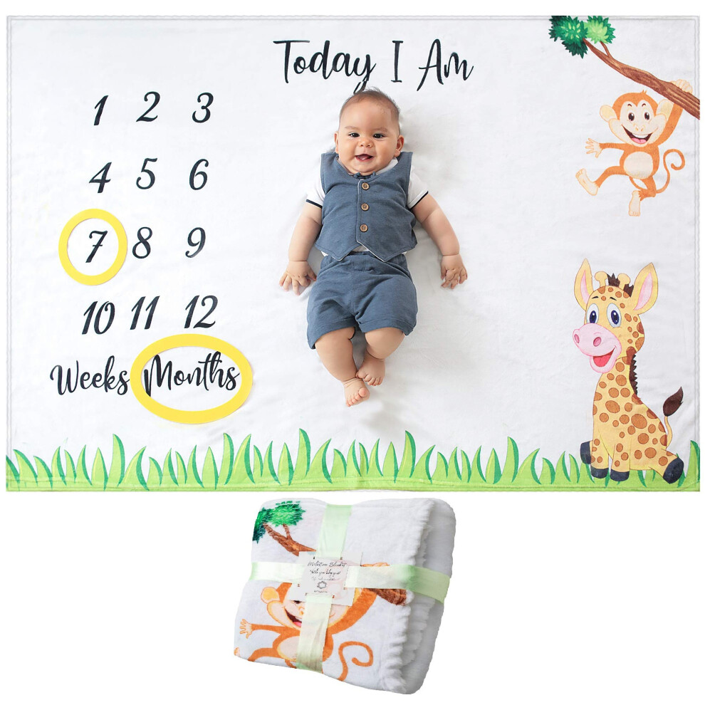 Baby Monthly Milestone Blanket | For Boy Or Girl, Unisex | Month Blanket Baby For Pictures | Jungle Safari, Giraffe & Monkey Theme | Personalized Odoxia