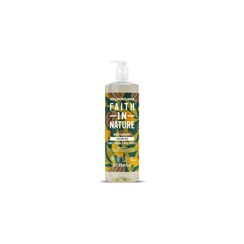 Faith In Nature 1L Natural Shea & Argan Shampoo, Moisturising For Curly Hair & Dry Scalp, Vegan & Cruelty Free, No Sls, Silicones Or Parabens, Family