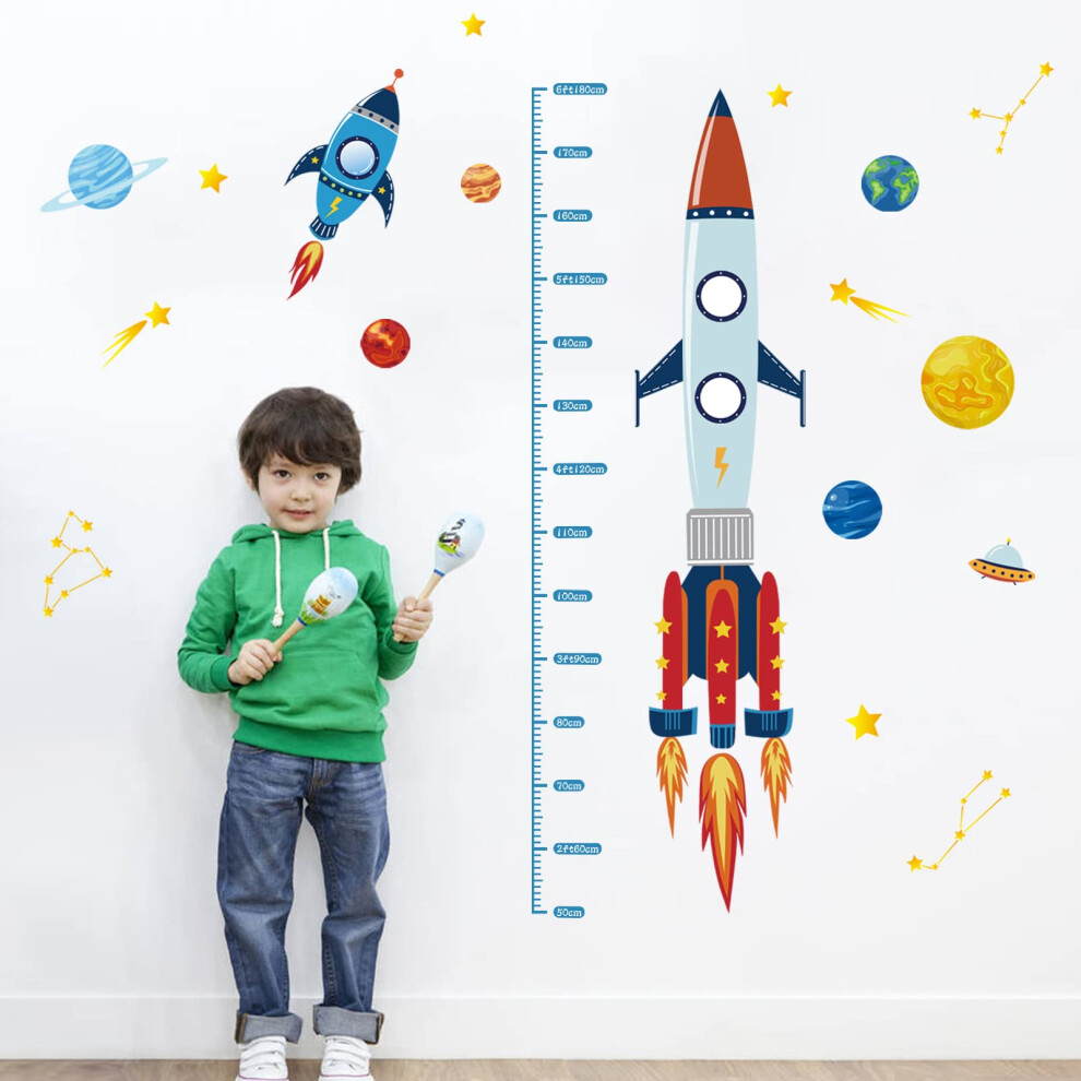 Rocket Height Chart Wall Decals Kids Planets Measurement Growth Wall Stickers Baby Nursery Kids Boys Room Living Room Wall Decor Decalmile