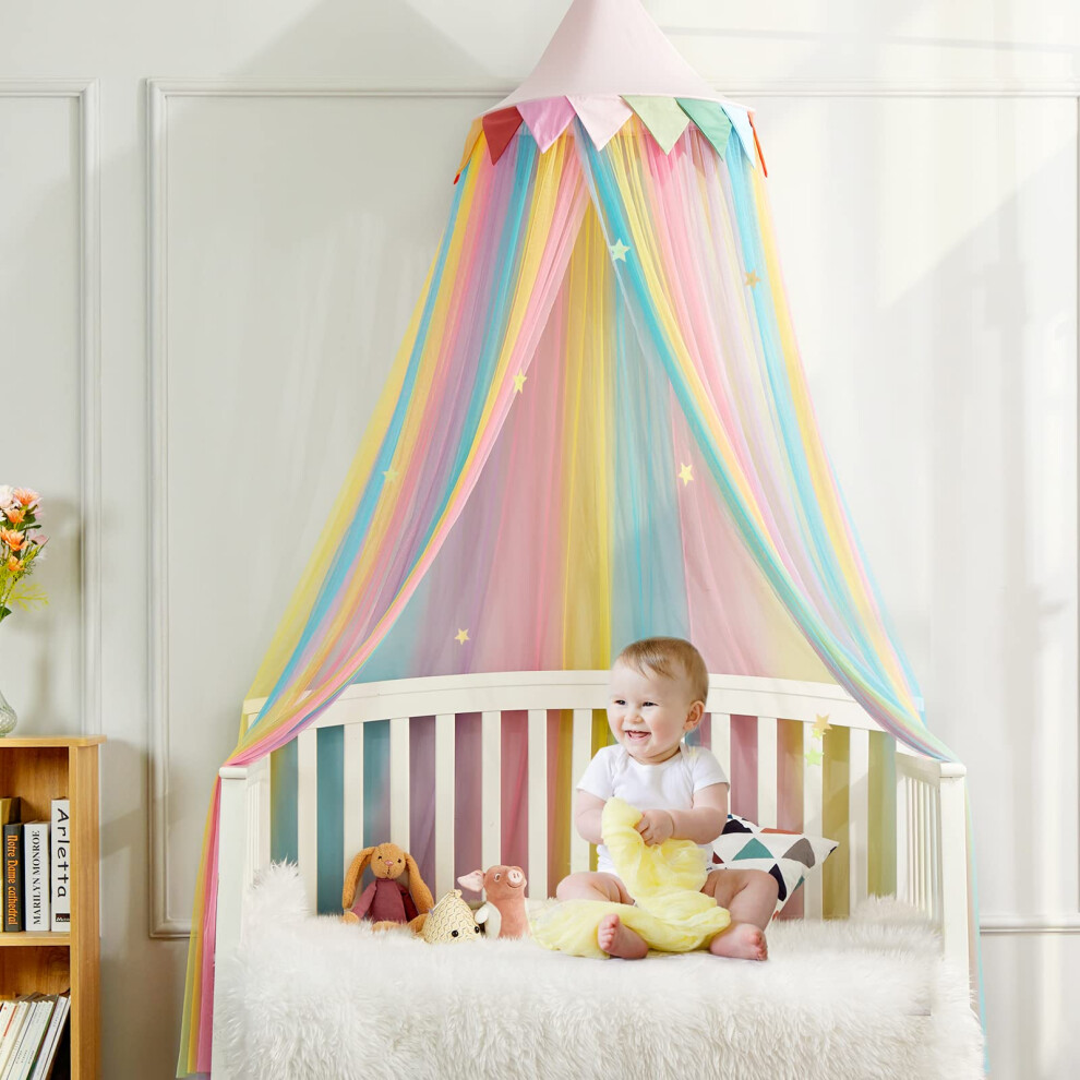 Kids Bed Canopy, Princess Canopy For Girls Fairy Dream Kids Canopy Rainbow Netting, Crib Canopy Hanging Net For Bedroom, Dome Reading Pink Loaol