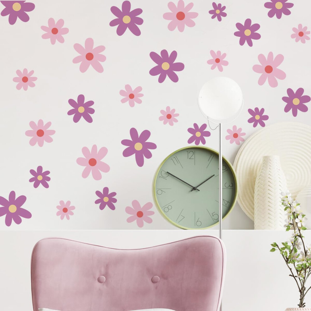 Daisy Flower Wall Art Stickers Boho Floral Wall Decals For Nursery, Living Room, Girls Bedroom Pink/Purple Runtoo
