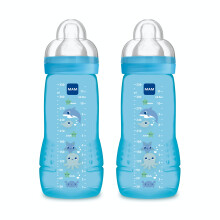 MAM Coloured 2nd Age 330ml Bottle 6 Months Debit Teat (Pack of 2)