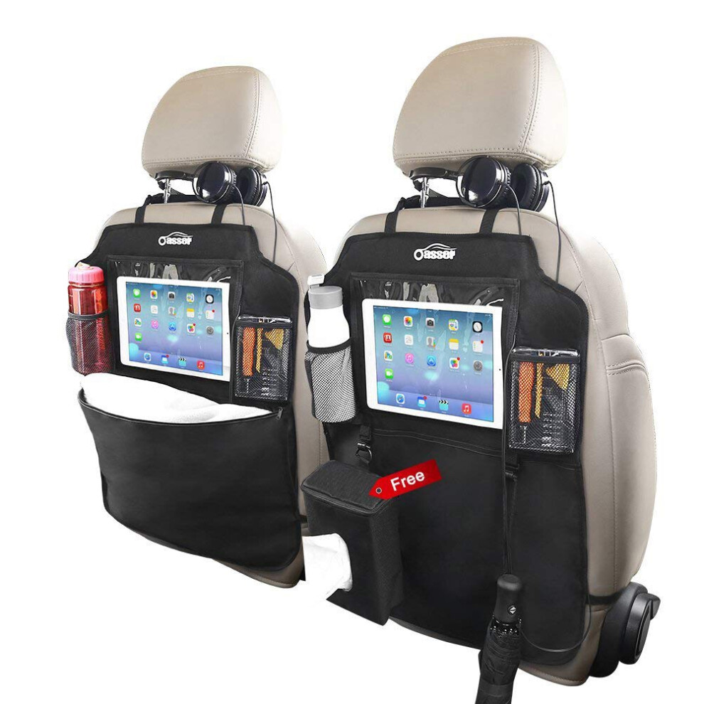 Oasser 2Pcs Kick Mats Car Organisers Waterproof Seat Back Protectors With 12.9'' Ipad Tablet Touch Screen Holder Multi Pockets Including Tissue Box 8000002220101