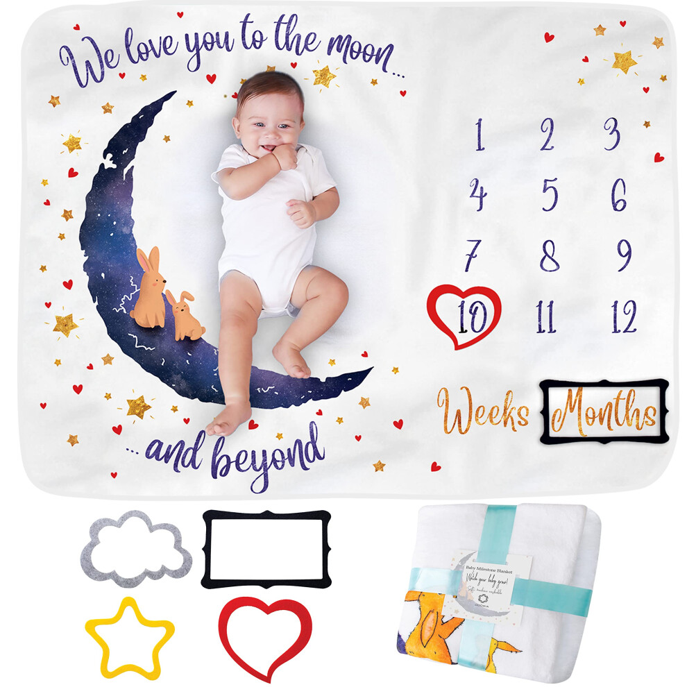 Odoxia Baby Milestone Blanket | Monthly Photo Mat For Boy Or Girl, Unisex | Moon & Stars Theme | Personalised Baby Shower Present For New Mums | Age Mat |