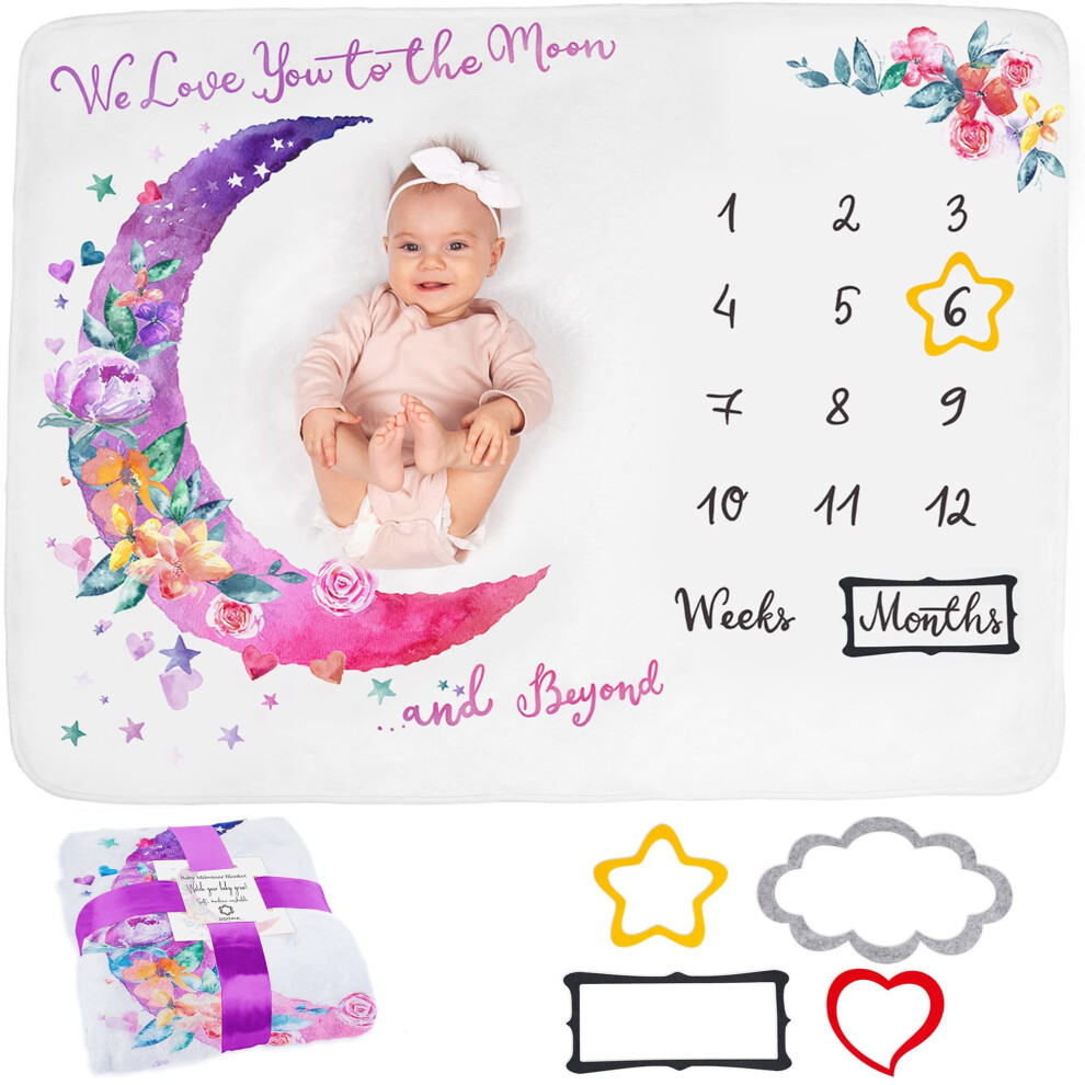 Odoxia Baby Milestone Blanket | Monthly Photo Mat For Newborn Boy Or Girl, Unisex | Moon & Flowers | Personalised Baby Shower Present For New Mums | Age Mat