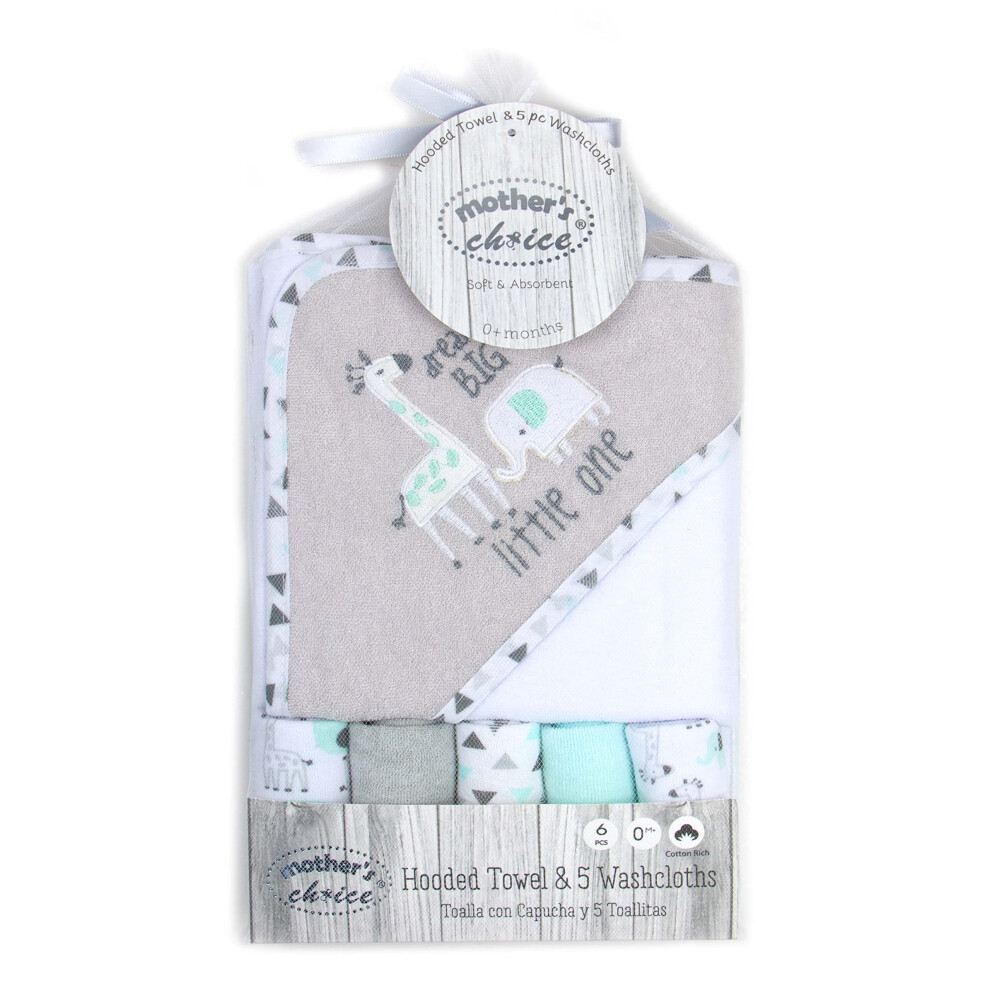 Mother's Choice Giraffe Hooded Towel For Newborn Babies And Kids + 5 Face Cloths Set - Quick Dry And Lightweight Fabric: Knitted Terry