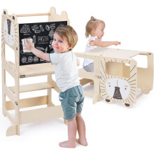 Kids Step Stool, Kitchen Stool Helper for Toddlers, Learning Wooden Tower with Chalkboard, Foldable Toddler Table and Chair Set, 2 in 1 Helper