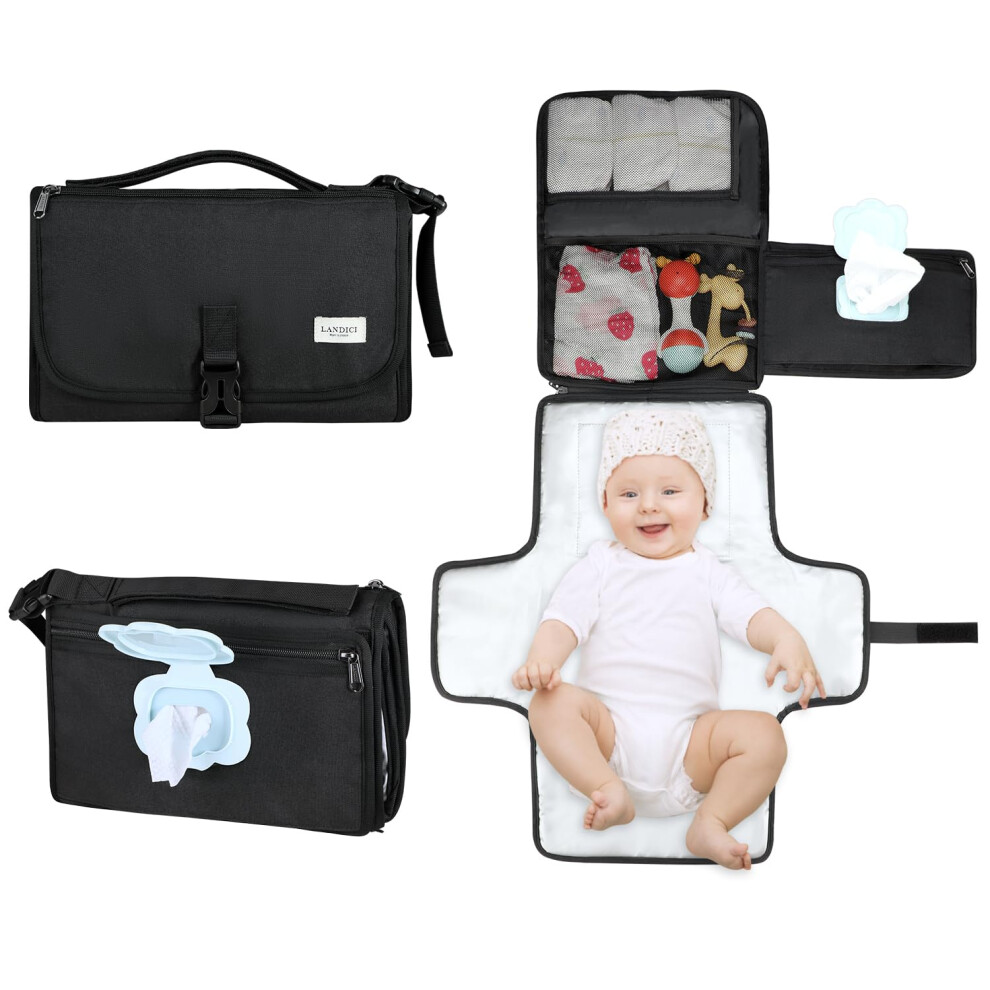 Portable Nappy Changing Mat Travel Baby Change Mat With Smart Wipes Pocket,Foldable Waterproof Diaper Pad Bag,Baby Essentials Changing Station Landici