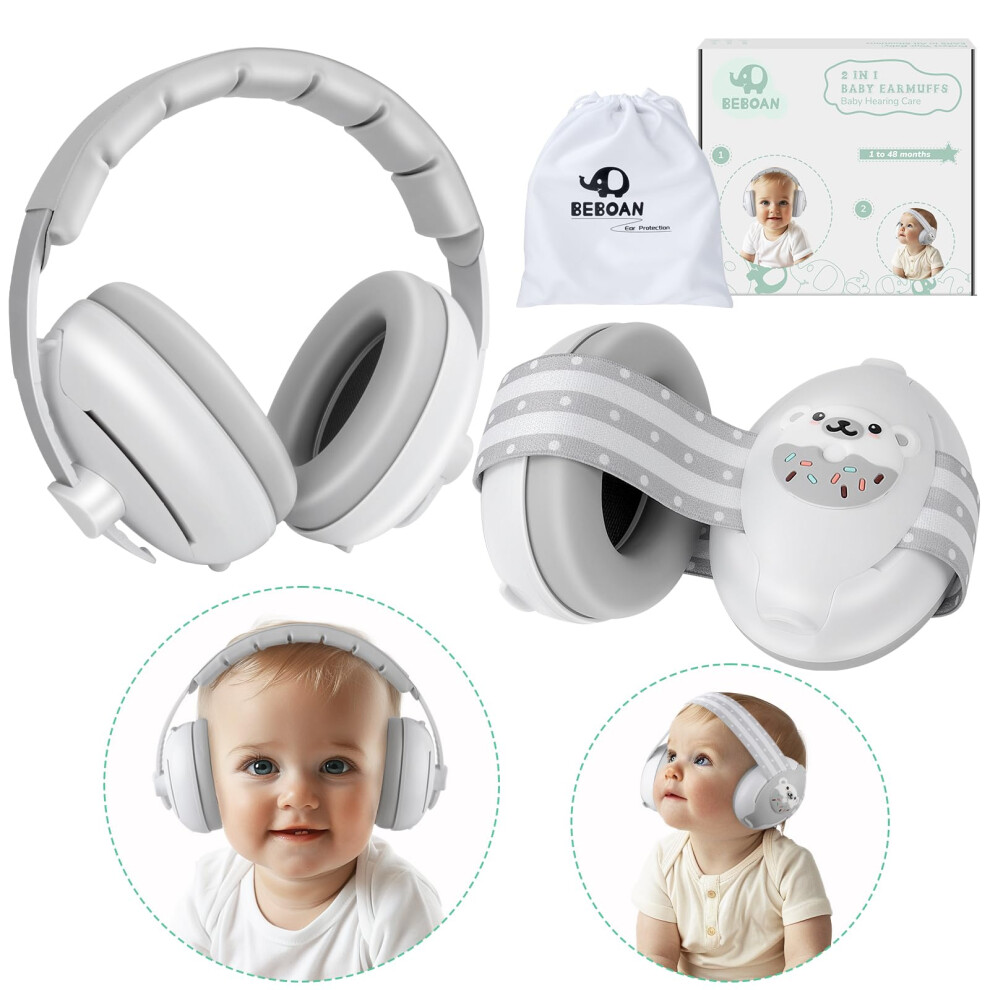 2-In-1 Baby Ear Defenders Baby Noise Cancelling Headphones Gray Toddler Newborn Ear Defenders Baby Ear Muffs Protectors For Airplane Travel Unisex Kids Grey Beboan