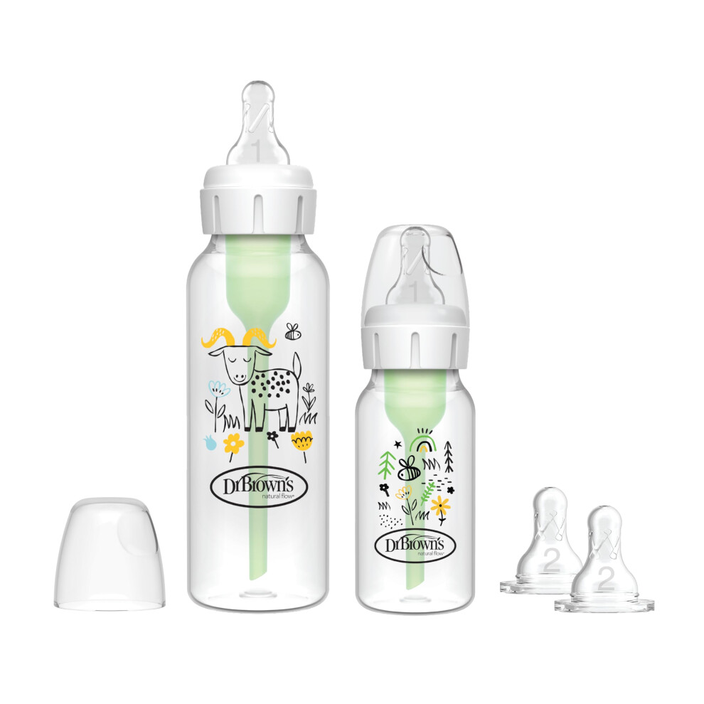 Dr Brown's Natural Flow Anti-Colic Options+ Narrow Baby Bottle, Sampler Kit, 1X 4Oz/120Ml Bottle & 1X 8Oz/250Ml Bottles With Level 1 Slow Flow Teat,