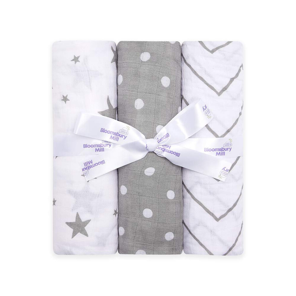 Bloomsbury Mill - Baby Swaddle Blanket - Soft 100% Organic Cotton Swaddles - Large Muslin Cloths - Pack Of 3 - Newborn Essentials - Grey & White