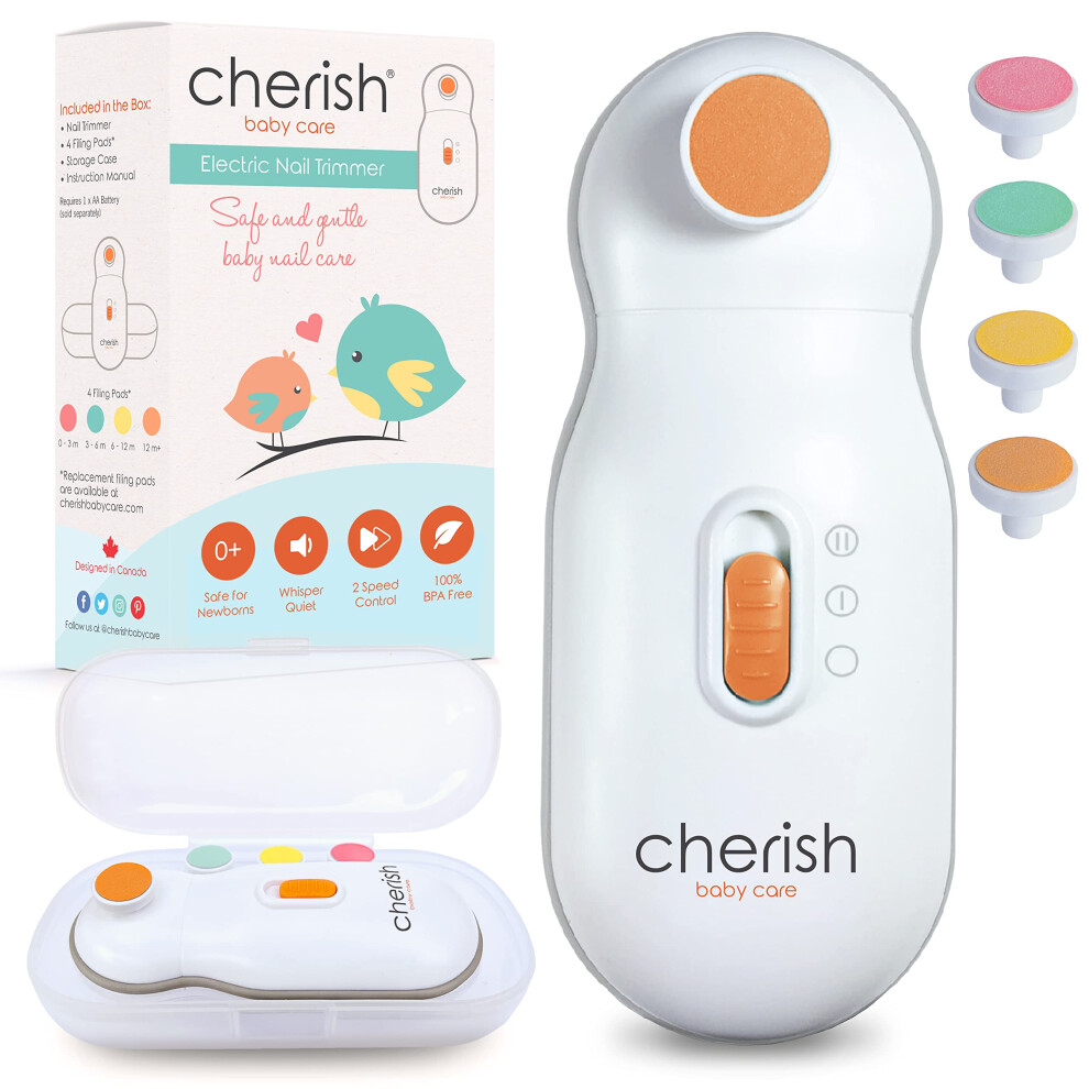 Cherish Baby Care Award-Winning Electric Baby Nail File - Automatic Safety Stop, Baby Nail File Electric With 4 Filing Pads From 0 To 12+ Months,