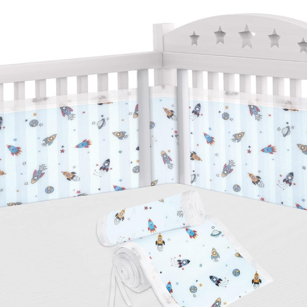 Cot Bumper, 2Pcs Breathable Mesh Cot Liner, Crib Rail Cover Baby Crib Bumper, Baby Boys Girls Nursery Breathable Crib Bed Liner Bumper (Rocket) Aolso