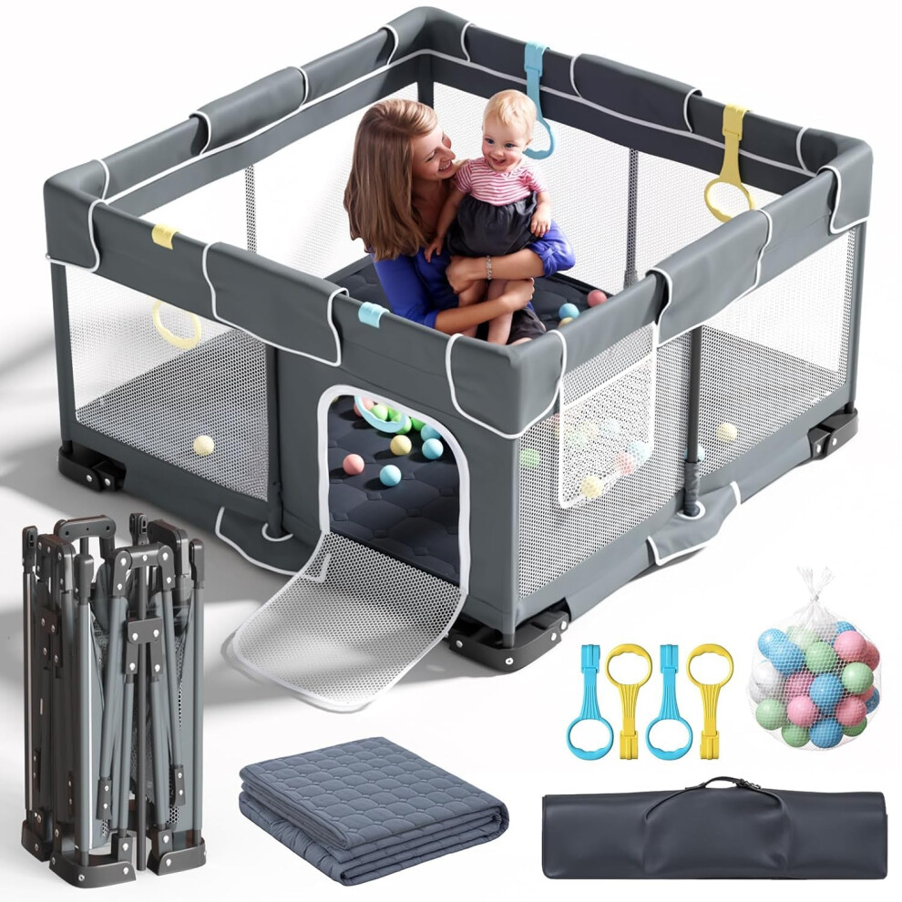 Saomai Foldable Baby Playpen 127X127cm Foldable Playpen For Babies And Toddlers, Folding Baby Activity Center, Portable Play Yard With 4 Handlers And 30Pcs