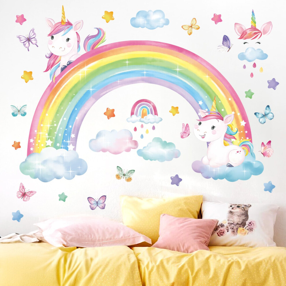 Rainbow Unicorn Wall Decals Butterfly Clouds Stars Wall Stickers Girls Bedroom Baby Nursery Kids Room Wall Decor Decalmile