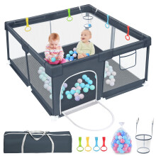 LQIKARL Baby Playpen for Babies and Toddlers with a Basket, 50pcs Ocean Balls, 4 Pull Rings, Anti-Collision Foam & Breathable Mesh, Playpen Indoor,