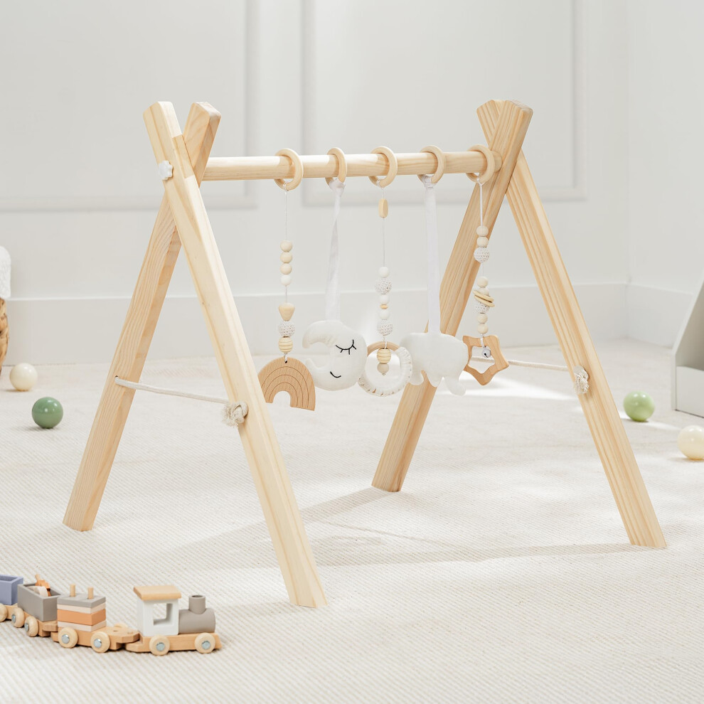 Comfy Cubs Baby Play Gym - Natural Finish Pinewood Wooden Play Gym with 5 Sensory Hanging Toys - Easy No-Tool Assembly, Safe & Durable for Infant-image-OPC-PMXVP2J-NEW