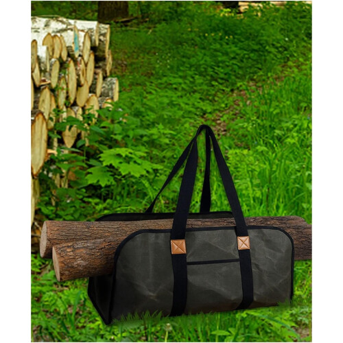 Waxed Canvas Firewood Bag – Portable Log Carrying Tool with Handle 1