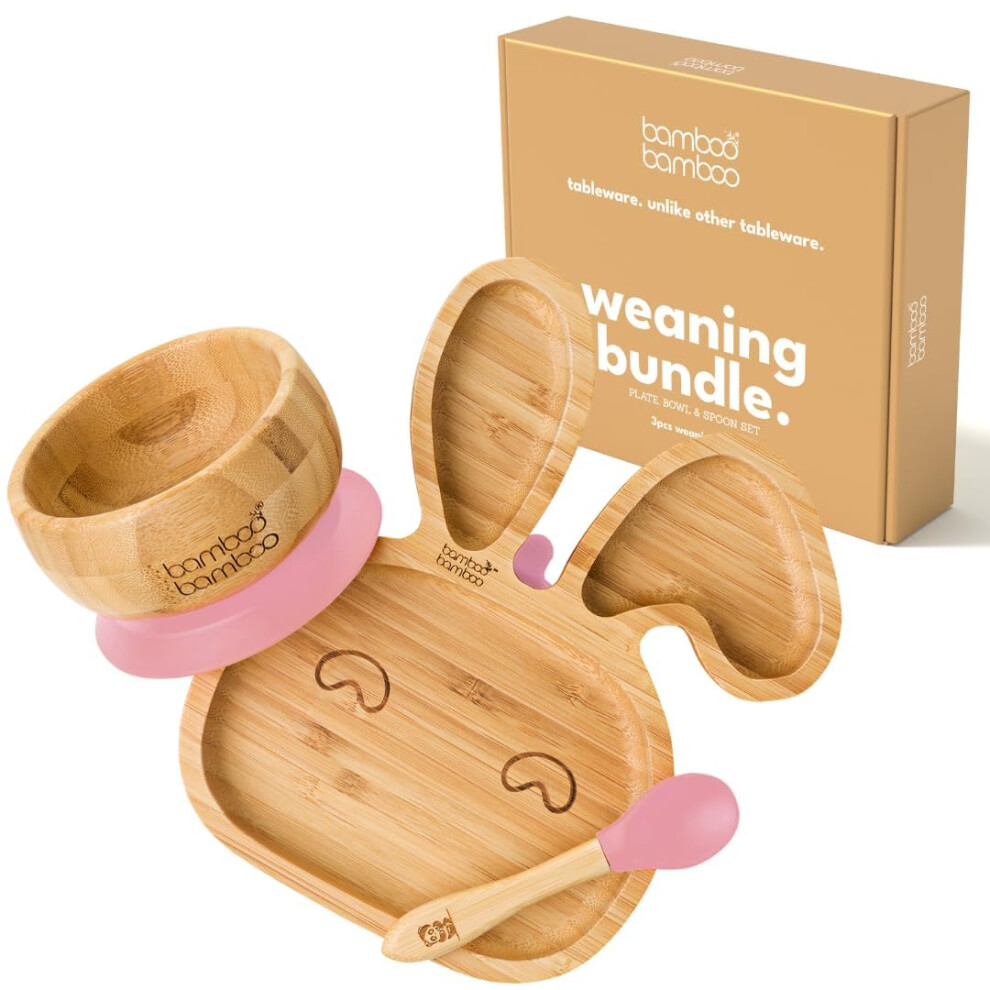 Baby Plate & Baby Bowl Weaning Set, Suction Plate And Bowl For Feeding And Weaning, Bamboo Bunny Plate, Toddler Bowl & Baby Spoon, Bamboo Bamboo