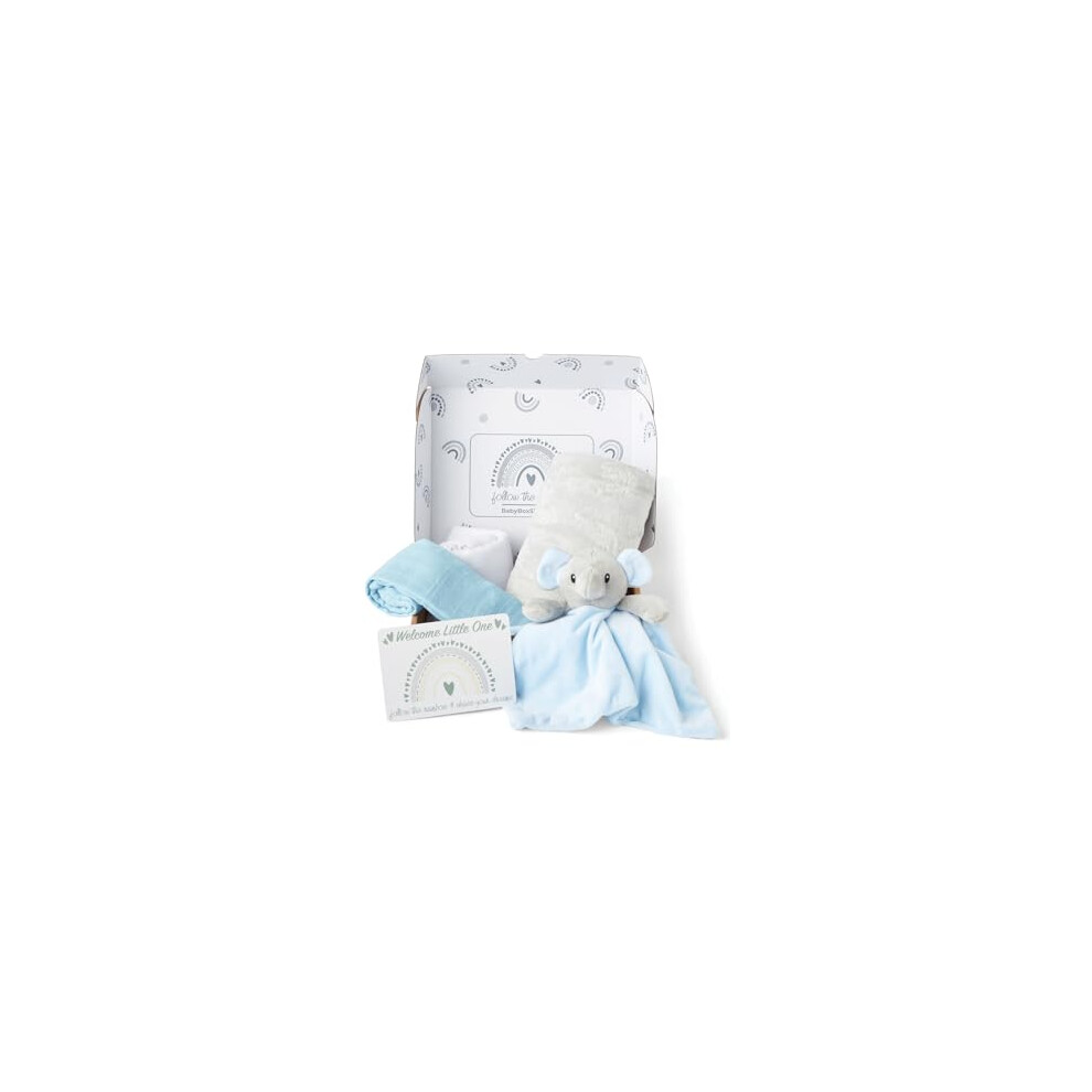 5 Newborn Essentials Ideal As Baby Shower Gifts & Christening Gifts For Boys, Includes A Elephant Baby Comforter, Fleece Blanket, Blue Baby Box Shop