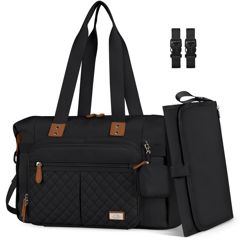 Baby Changing Bags Nappy Tote Bag Waterproof Baby Diaper Bag For Mom And Dad With Pacifier Holder And Portable Changing Mat Black Rainsmore