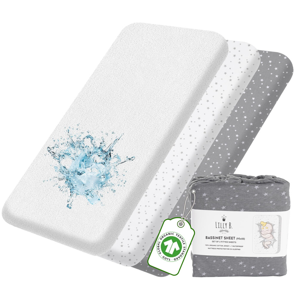 Lilly Belly Pack Of 3 Next To Me Crib Sheets 100% Organic Cotton Gots, Cot Bed Sheet 2+1 Waterproof Protector Pad Compatible Moses Basket Sheets,