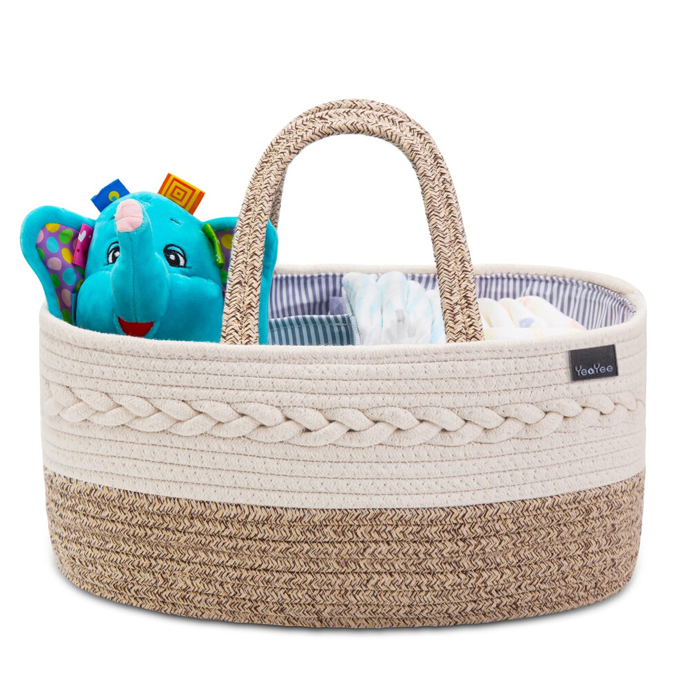 YeaYee Nappy Caddy,Baby Diaper Caddy Organiser, Portable Nursery Storage Basket with Changeable Compartments,100% Cotton Woven Rope(Small, Yellow)?-image-OPC-PMXVQ7D-NEW