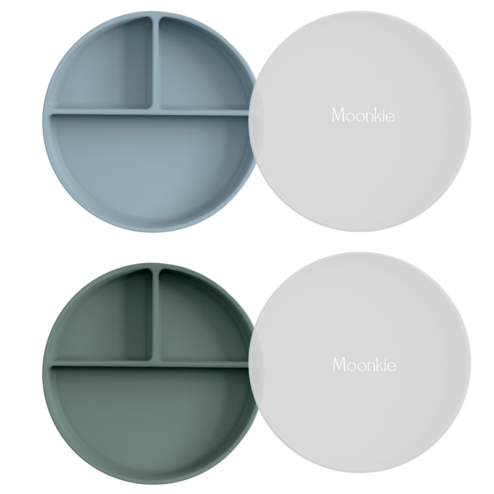 Suction Plates For Babies & Toddlers | Bpa-Free Weaning Plate With Lid | Silicone Divided Plate | Microwave And Dishwasher Safe - 2 Pack Moonkie