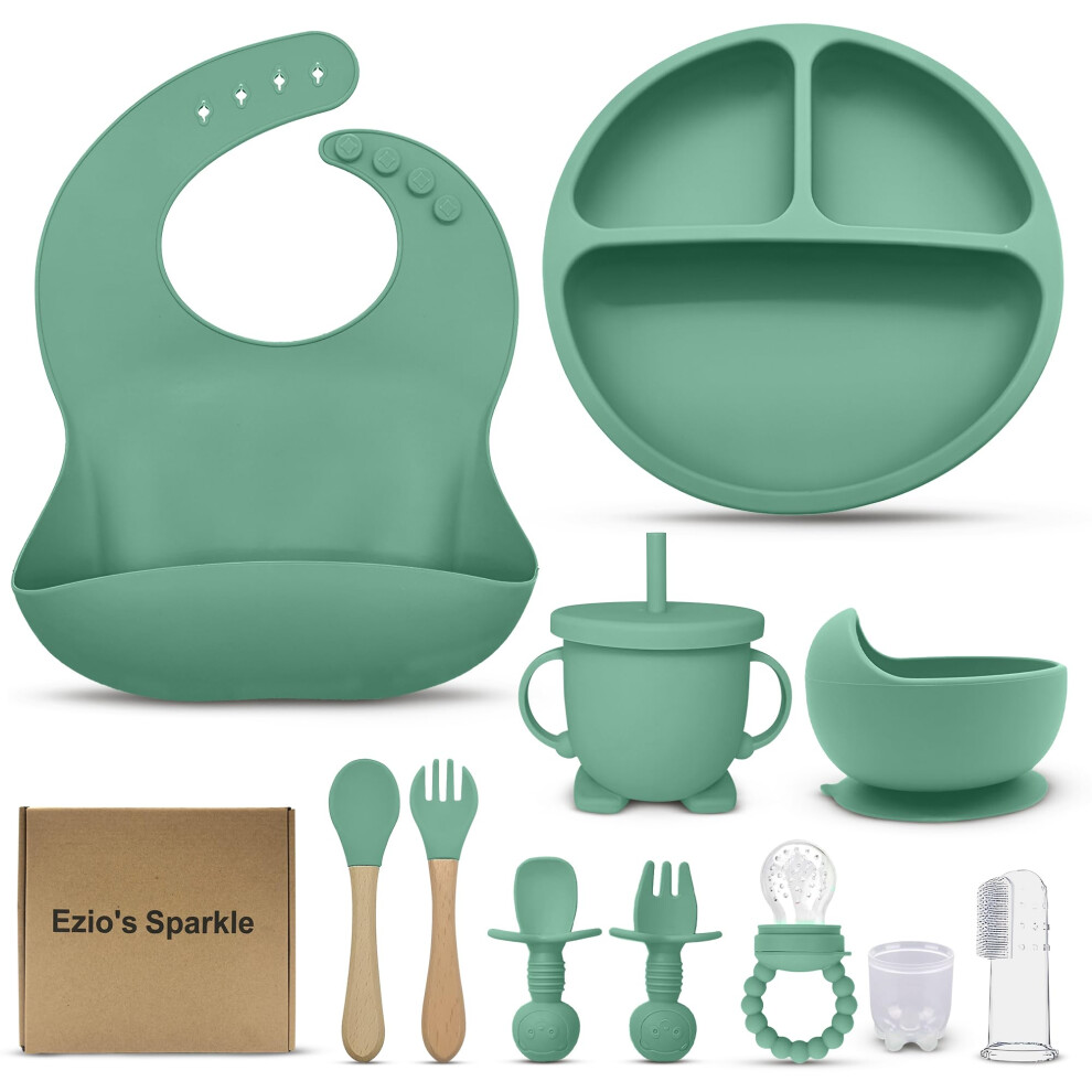 Ezio's Sparkle 11-Piece Baby Weaning Set ? Bpa-Free Silicone Strong Suction Plate, Cup With Lid, Spoon, Fork & Bib With Catcher ? Microwave & Dishwasher Safe