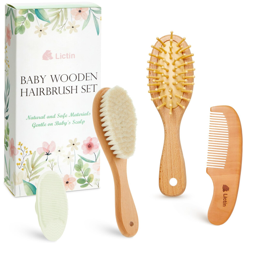 Baby Hair Brush And Comb Set, 4 Pcs Newborn Hair Brush With Soft Bristle, Natural Goat Hair And Wood Baby Cradle Cap Comb For Newborns & Lictin