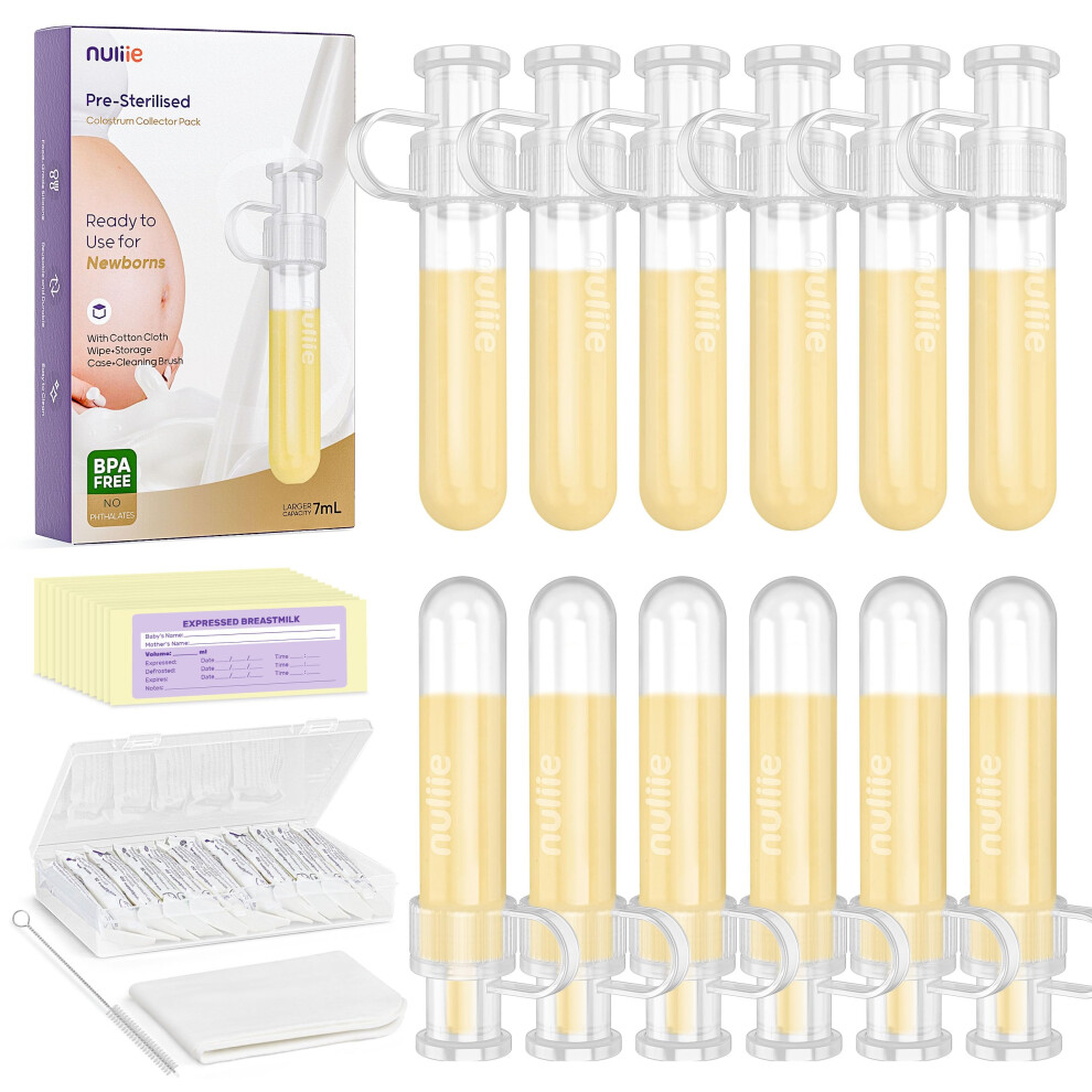 Nuliie Colostrum Collector Kit 7Ml/12Pcs, Leakproof, Reusable Breast Milk Collector, Heat & Freezer Resistant, Bpa-Free, With Cotton Cloth Wipe,