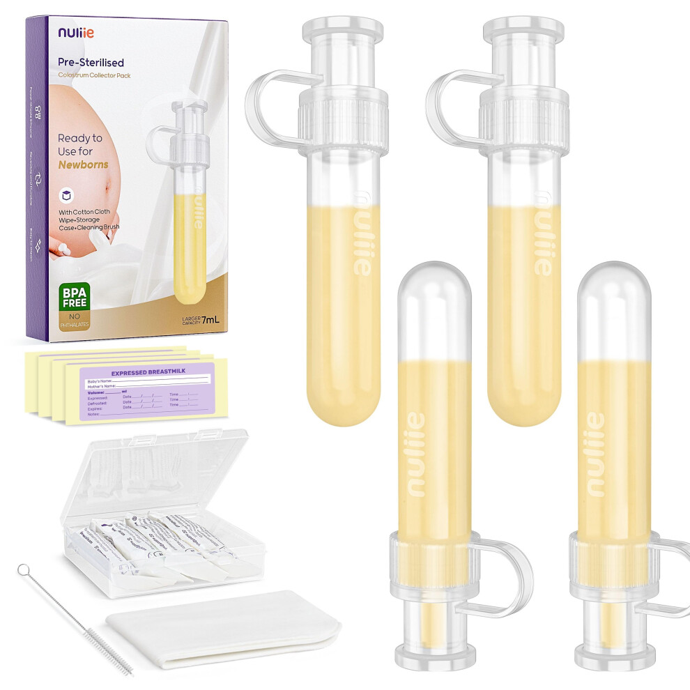 Nuliie Colostrum Collector Kit 7Ml/4Pcs, Leakproof, Reusable Breast Milk Collector, Heat & Freezer Resistant, Bpa-Free, With Cotton Cloth Wipe,