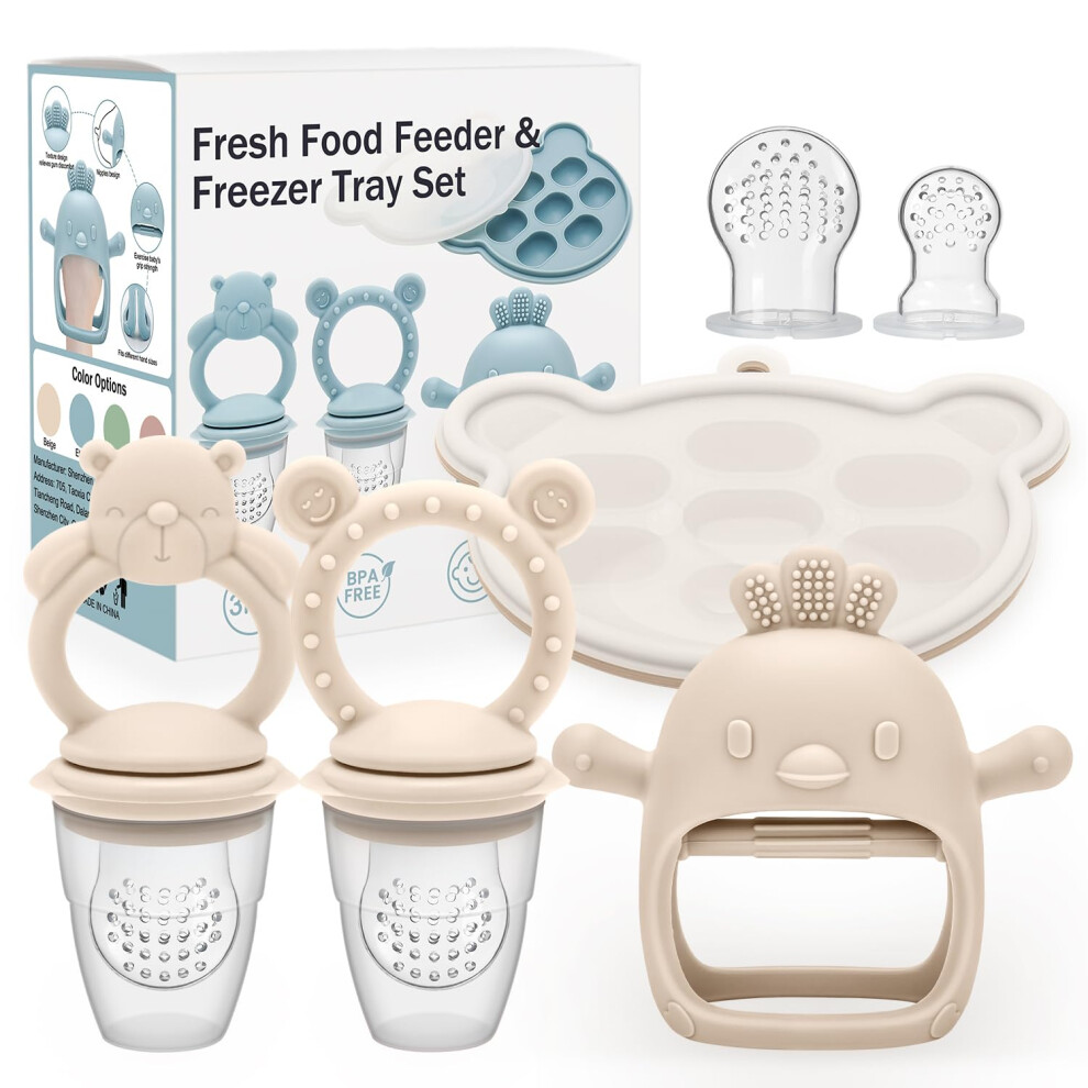 Cldy Silicone Teething Mitten For Babies With Baby Fruit Food Feeder & Freezer Tray Set, Bpa Free Infant Teething Relief Toy For 3 Month+ Toddler