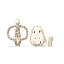 Matchstick Monkey, Antimicrobial Teething Starter Set - 1 Flat Face Teether, 1 Animal Teether, 2 Silicone Finger Toothbrushes, 3 Months Old+, Gigi