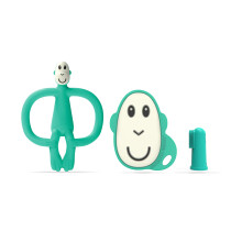 Matchstick Monkey, Antimicrobial Teething Starter Set - 1 Flat Face Teether, 1 Animal Teether, 2 Silicone Finger Toothbrushes, 3 Months Old+, Green