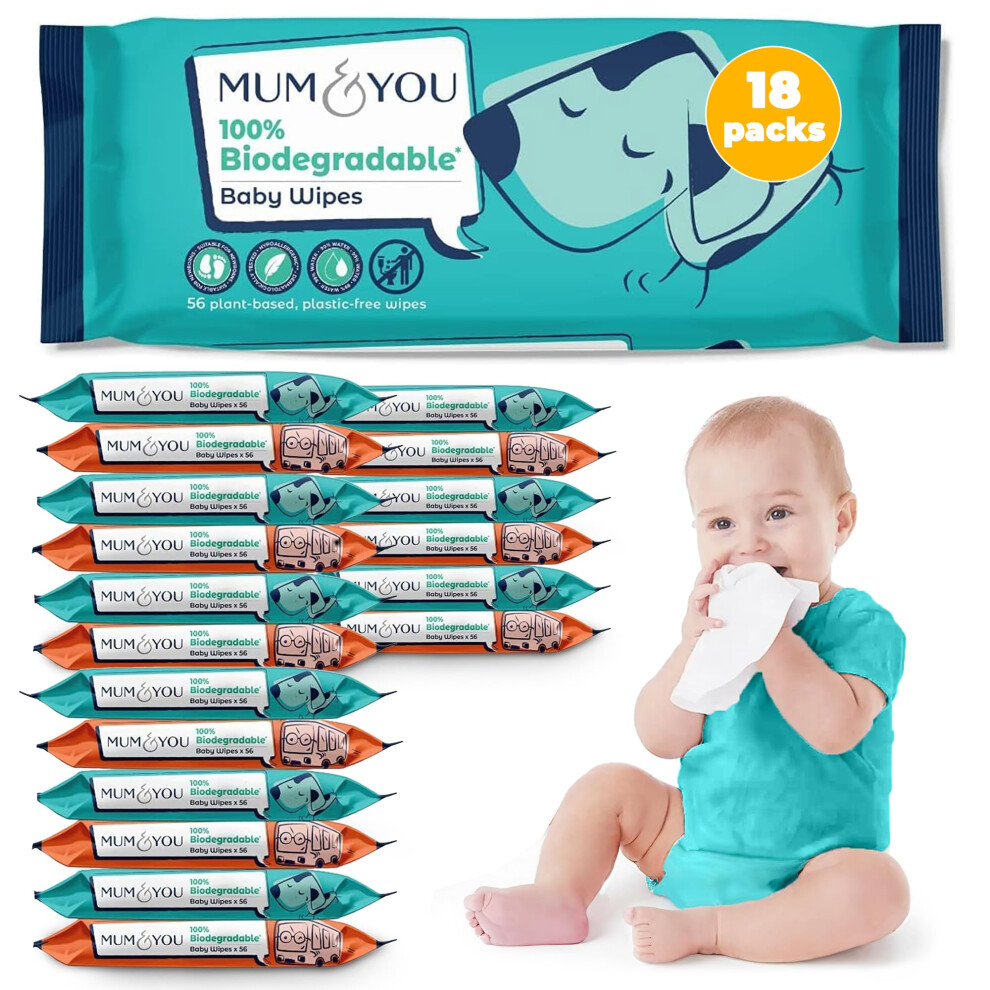 Mum & You Biodegradable Baby Wipes Multipack, 1008 Wet Wipes (18 Packs) | 99.4% Water Based Wipes | Plastic Free And Eco Friendly Wipes | Recyclable M&Y