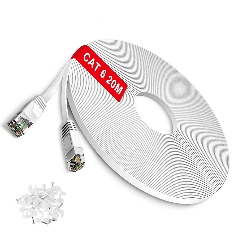 Tbmax Cat6 Ethernet Cable 20M Long, Flat Internet Cable High-Speed Gigabit Rj45 Lan Network Cable - Ofc - Compatible With Cat5/Cat5e/Cat7 Cables, 8000002249386