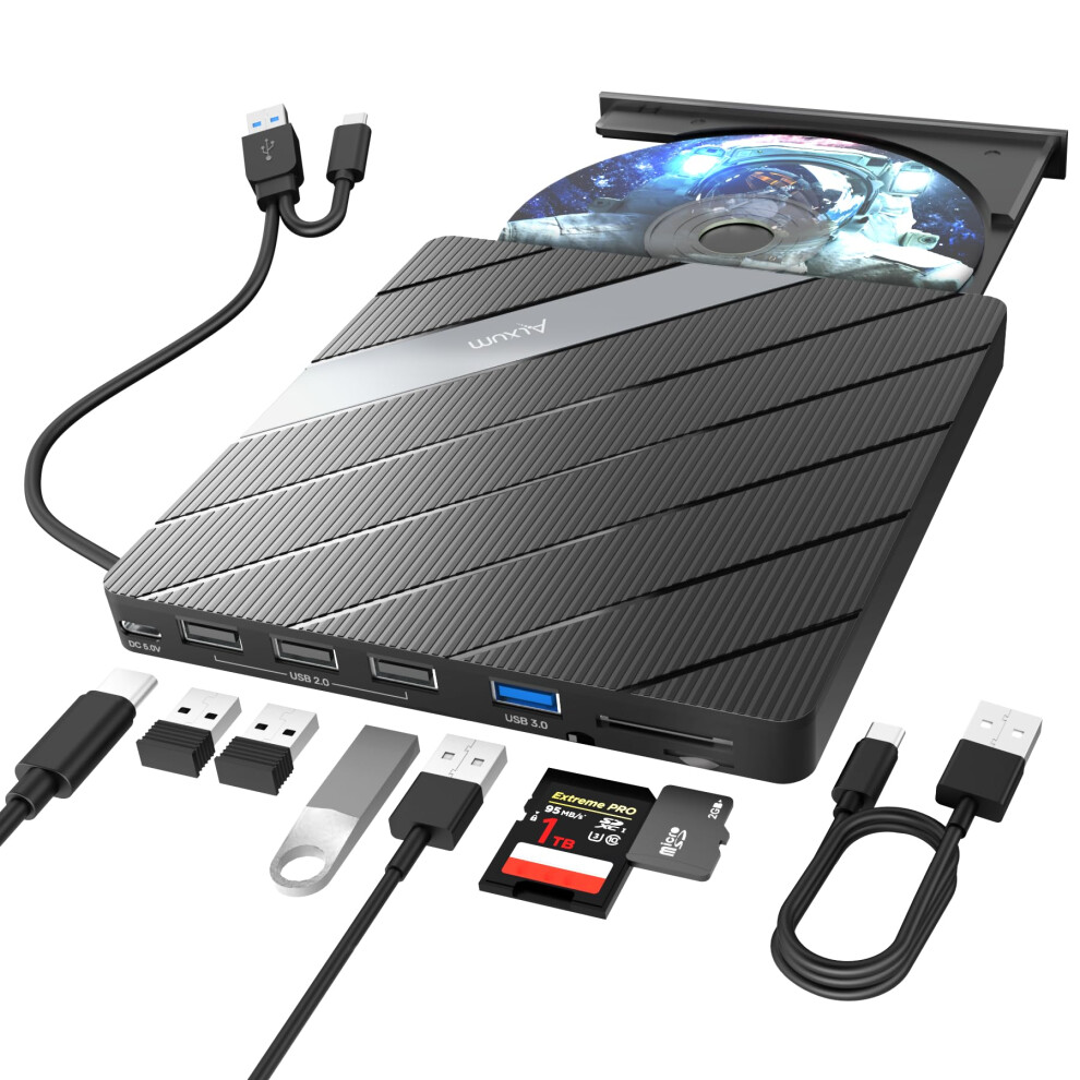 Alxum External Cd Drive - Type-C Usb 3.0 Portable Dvd/Cd Rw Rom Burner Writer With Sd/Tf Slot & Usb Ports Cd 24X Dvd 8X Super Fast Speed Cd/Dvd Reader 8000002248433