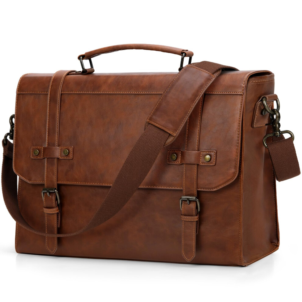 Rainsmore Messenger Bag Leather Laptop Bag 17.3 Inch Vintage Briefcase For Men Waterproof Satchel Shoulder Bag For Work Office Business College Brown 8000002248389