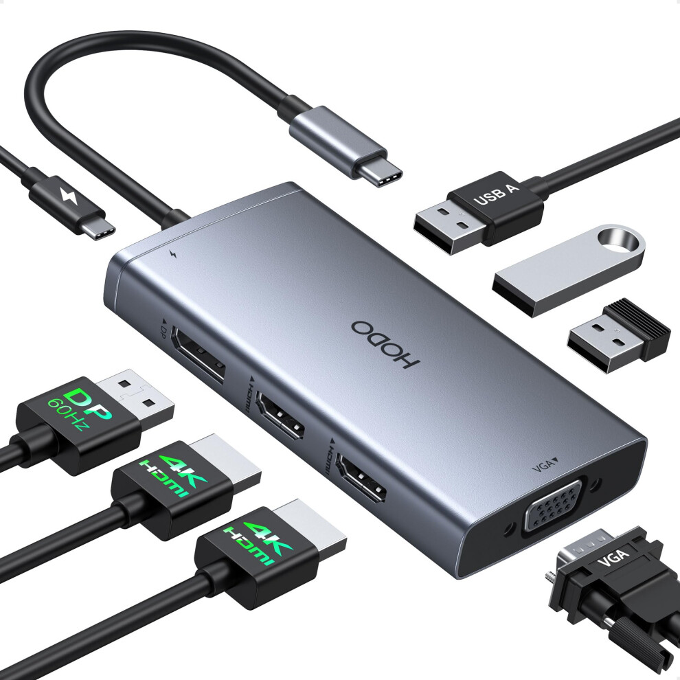 Hodo Usb C Docking Station Dual Monitor 2 Hdmi Usb-C Hub Multiport Adapter With Dual Hdmi,Displayport,Vga,Pd 100W,3 Usb Ports 8-In-1 Laptop Dock Quad 8000002253666