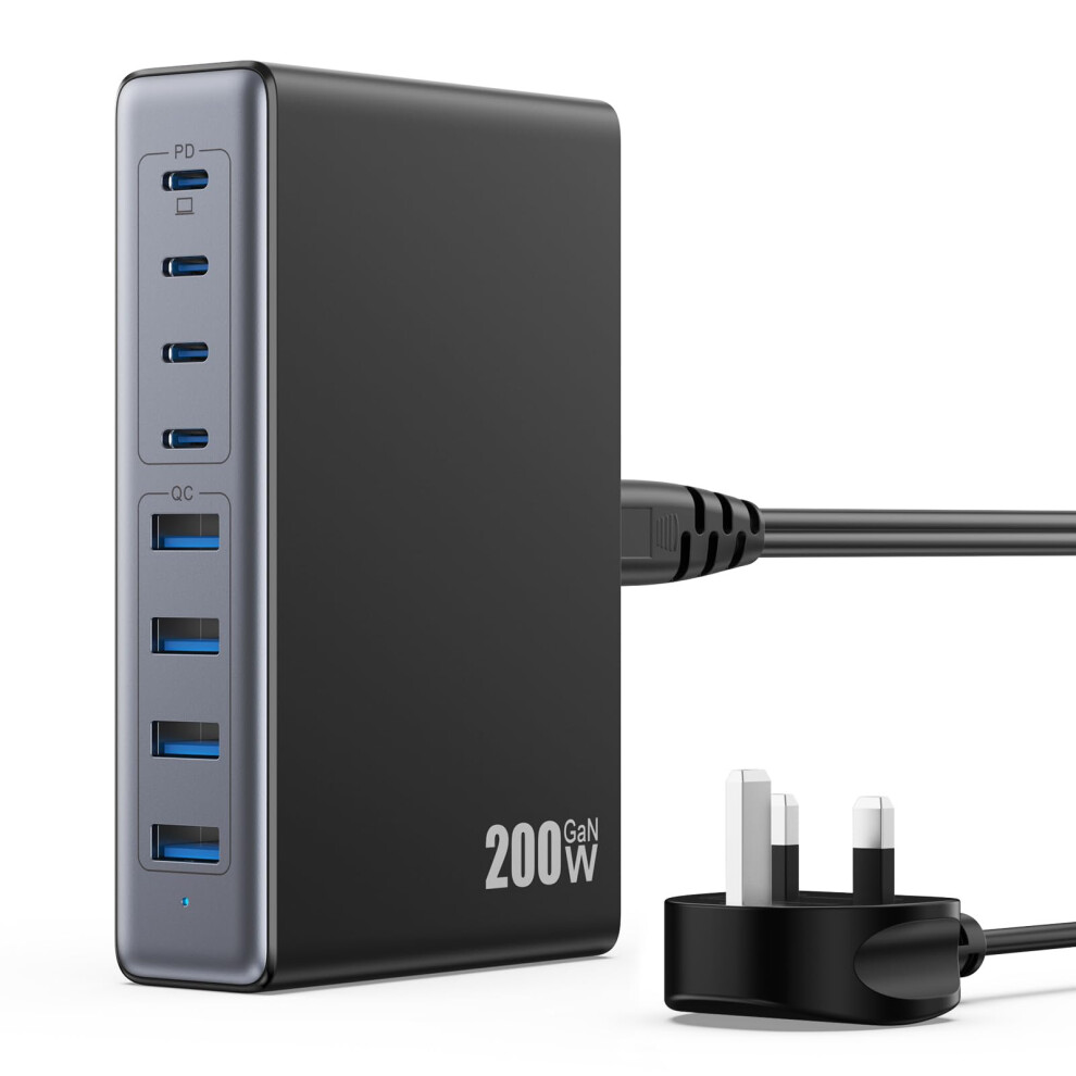 200W Usb C Charger Block,Gan Iii 8-Ports Usb C Charging Hub,Qc4.0 Fast Phone Charging Station+Pd 65W Laptop Charger Compatible With Macbook 8000002255455