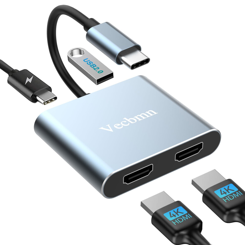 Usb C To Dual Hdmi Adapter, 4 In 1 Hdmi Splitter For Dual Monitors 4K, Usb 2.0, Pd 100W, Dual Hdmi Adapter For 2 Monitors Hdmi Dual Monitor Adapter 8000002255660