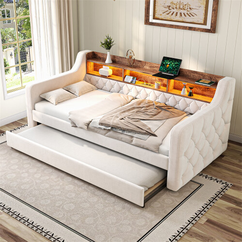 Velvet Sofa Bed with Storage & USB Charging, Beige