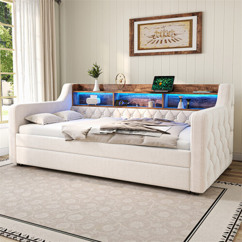 Velvet Sofa Bed with Storage & USB Charging, Beige 2