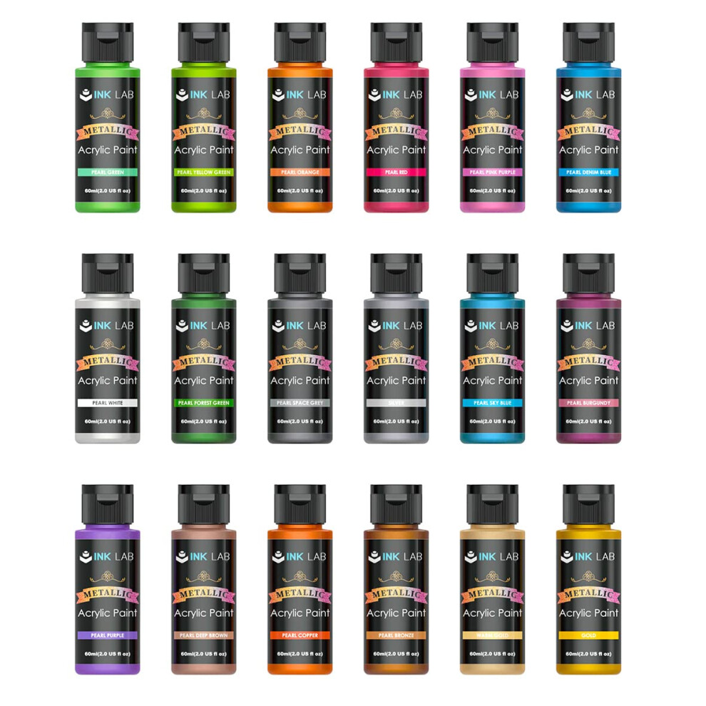 INK LAB Metallic Acrylic Paint Set 18 Colors Non Toxic Metallic Paints for Artists Beginners Painting on Rocks Crafts Canvas Fabric Wood, Rich Pigment-image-OPC-PMXTSKG-NEW