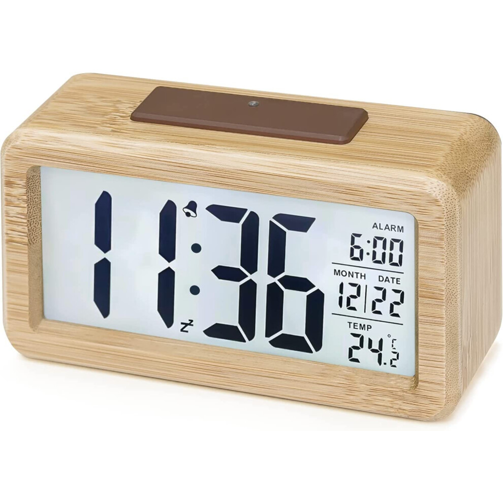 Aboveclock Digital Alarm Clock, Wooden Bedside Clock With Large Lcd Backlit Display, Temperature, Snooze Function, Brightness Sensor, 3 Aaa Battery