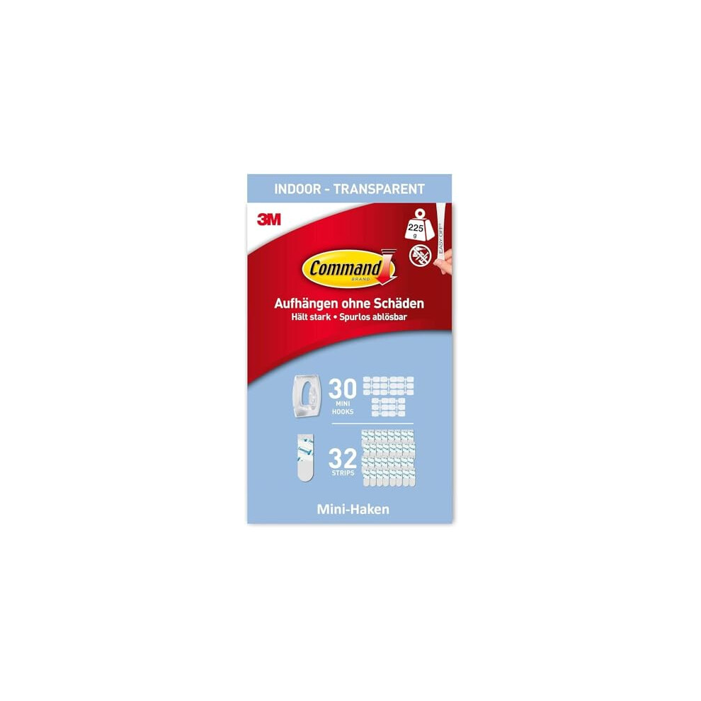 Command Clear Mini Hooks With Clear Strips, Multi Pack Of 30 Hooks + 32 Adhesive Strips - Indoor Use - Suitable For Hanging Items Up To 225G - Damage 8000002085083