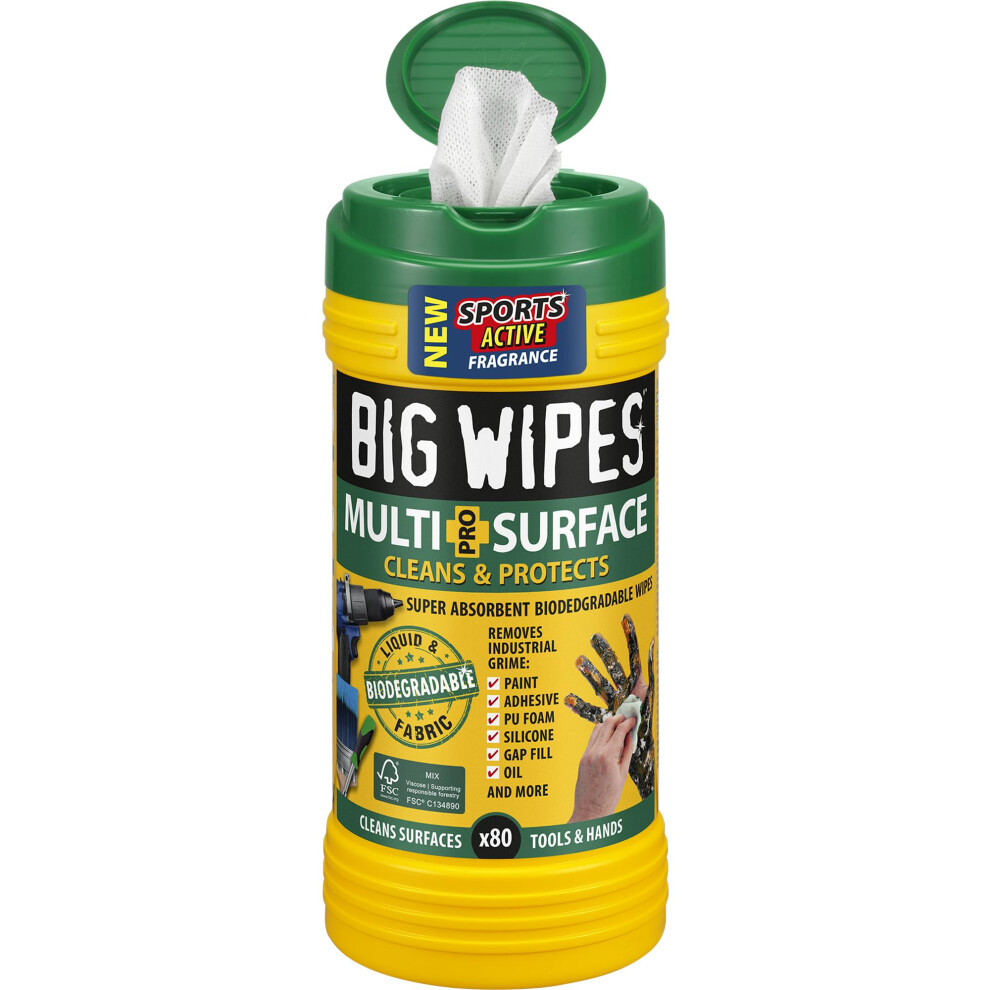 Big Wipes X80 Multi-Surface Wipes Tub, Maximum Value, Biodegradable. Heavy Duty Super Absorbent Professional Wipes, 4 Bio-Based Power Solvents, Skin Green