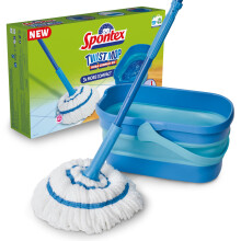 Spontex Ultra Compact Twist Mop and Bucket Set | Microfibre Mop with Built-In Self-Wringing System | 10L Foldable Bucket | Cleans Laminate, Wood &