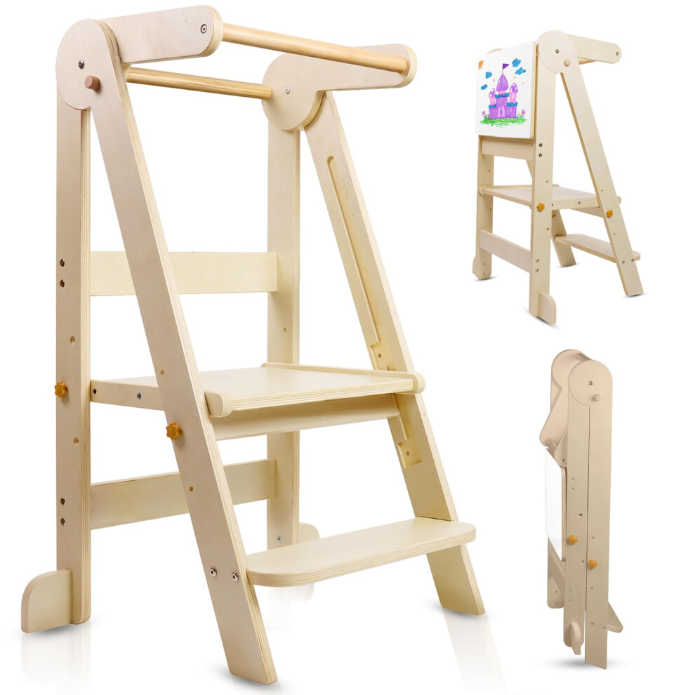 Foldable Kitchen Tower, Learning Tower with 3 Adjustable Height, Kitchen Step Stool for Kids with Magnetic Whiteboards 1-6 Years Children Stool-image-OPC-PMXVPS9-NEW